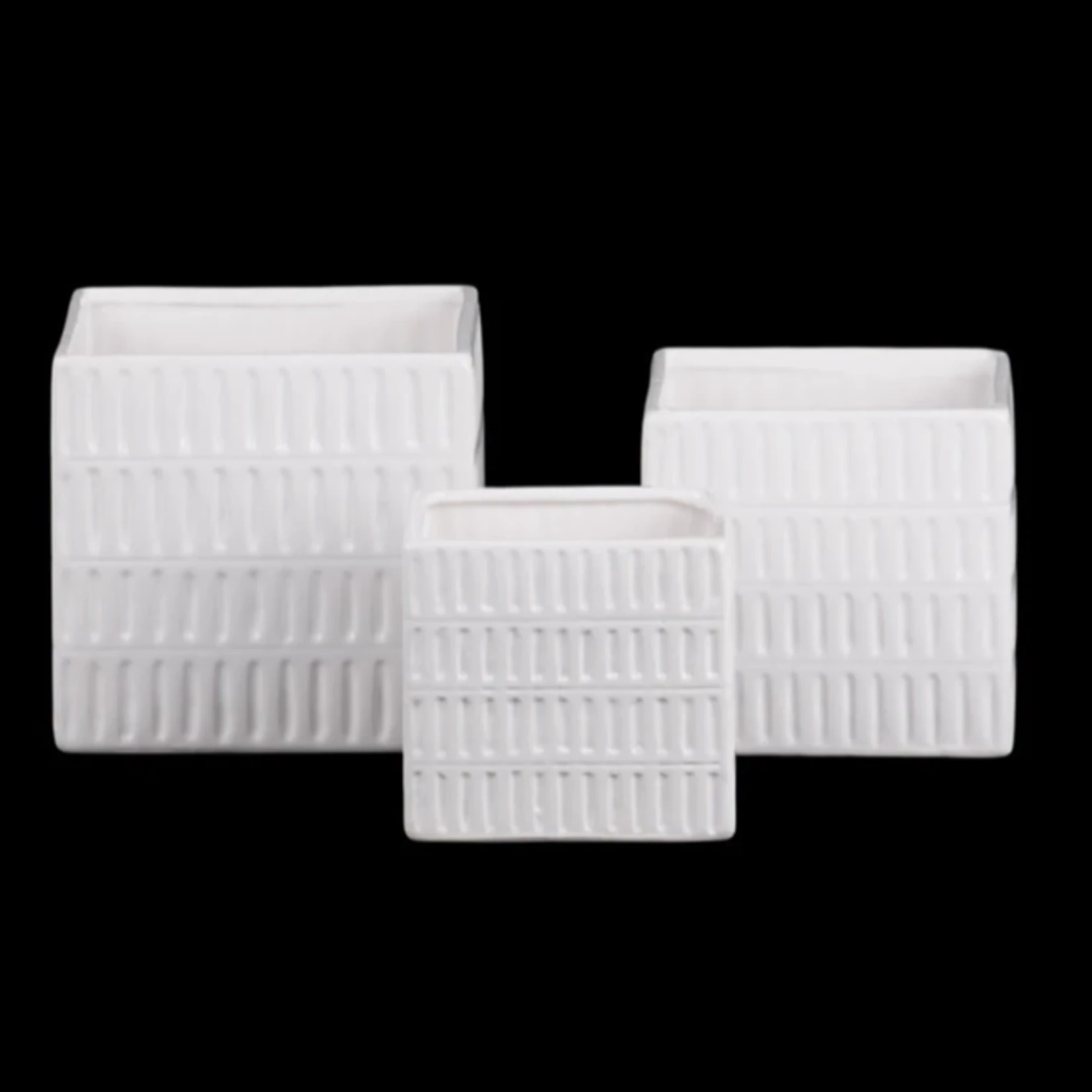 5”H X 5.25” X 5.25” MEDIUM WHITE Ceramic Square Pot With 4 Tier Embossed Oblong Lattice Design Body And Tapered Bottom 3 5”H X 5.25” X 5.25” MEDIUM WHITE Ceramic Square Pot With 4 Tier Embossed Oblong Lattice Design Body And Tapered Bottom