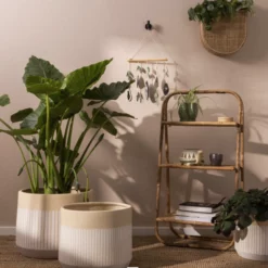 11.5”H X 13.5” WHITE/TAN CERAMIC AVELINE POT -Quality Wholesale Shop accent decor 115h x 135 white tan ceramic aveline 2