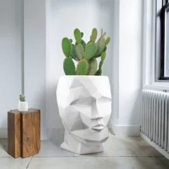 H- 18"    D- 16" X 12"  Inner: H- 5.75"   D- 9” MOAI FACE POLY RESIN WEIGHT CAPACITY 20 LBS