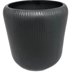 7” X 7” RIBBED BLACK CERAMIC CYLINDER POT VASE