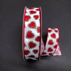 WHITE SATIN, RED HEARTS, 1.5'' X 50 YDS